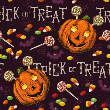 Seamless halloween pattern with pumpkin, candy, text, bones, silhouette of ba Stock Illustration