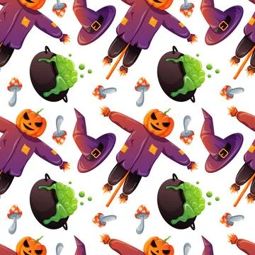 Seamless Halloween pattern with pumpkin, scarecrow, witch hat, boiling cauldrons Stock Illustration