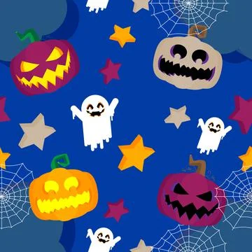 Seamless Halloween pattern with Pumpkin, Spooky Ghost, Cloud, Spider web and  Stock Illustration