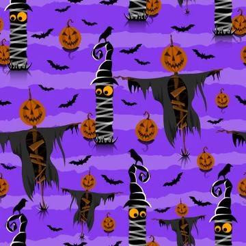 Seamless Halloween Pattern with Pumpkins and Bats,Scarecrow. Stock Illustration