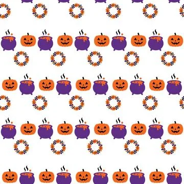 Seamless Halloween Pattern with Pumpkins and Witches Cauldrons. Stock Illustration