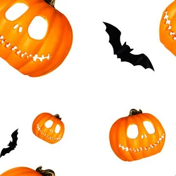 Seamless halloween pattern with pumpkins and bats on a white background Stock Photos