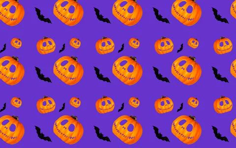 Seamless halloween pattern with pumpkins and bats on a purple background Stock Photos