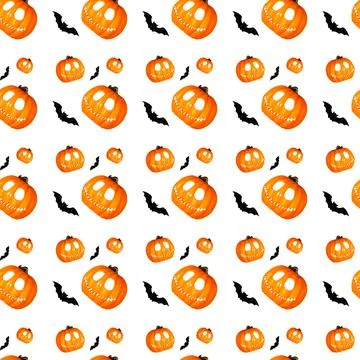 Seamless halloween pattern with pumpkins and bats on a white background Stock Photos