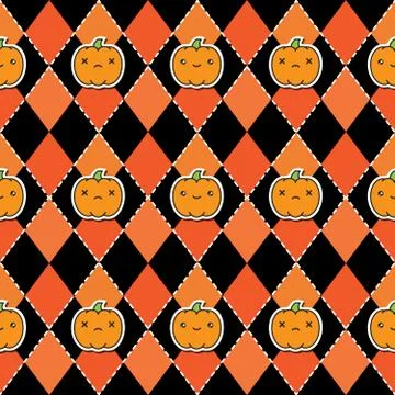 Seamless halloween pattern with pumpkins on argyle black and orange background. Stock Illustration