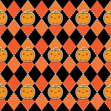 Seamless halloween pattern with pumpkins on argyle black and orange background. Stock Illustration