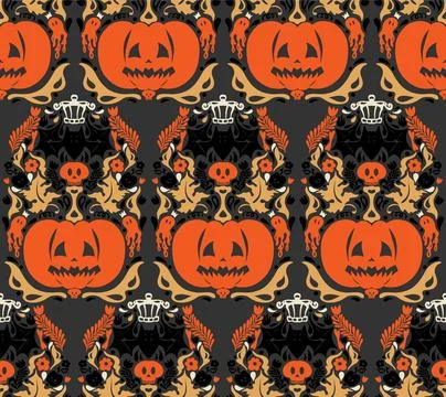 Seamless Halloween pattern with pumpkins, bats, floral ornaments and spooky d 스톡 일러스트