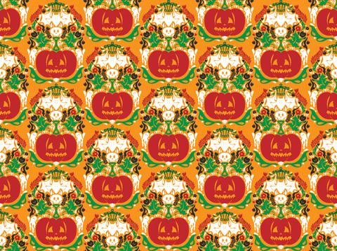 Seamless Halloween pattern with pumpkins, bats, floral ornaments and spooky d 스톡 일러스트