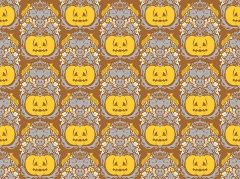 Seamless Halloween pattern with pumpkins, bats, floral ornaments and spooky d Stock Illustration
