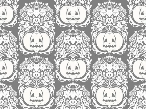 Seamless Halloween pattern with pumpkins, bats, floral ornaments and spooky d 스톡 일러스트