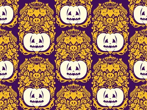 Seamless Halloween pattern with pumpkins, bats, floral ornaments and spooky d 스톡 일러스트
