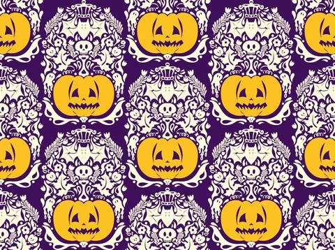 Seamless Halloween pattern with pumpkins, bats, floral ornaments and spooky d 스톡 일러스트