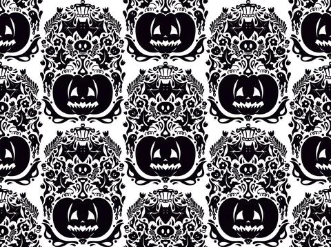 Seamless Halloween pattern with pumpkins, bats, floral ornaments and spooky d 스톡 일러스트