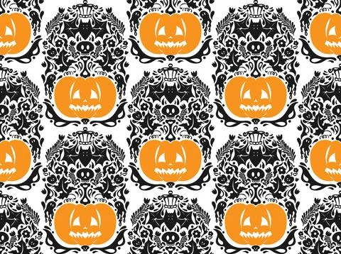 Seamless Halloween pattern with pumpkins, bats, floral ornaments and spooky d 스톡 일러스트
