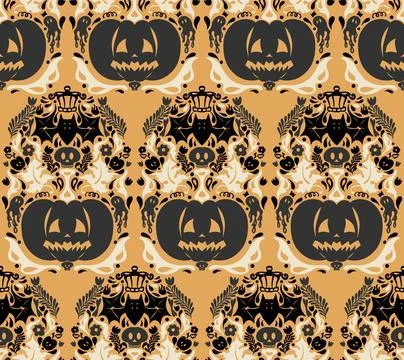 Seamless Halloween pattern with pumpkins, bats, floral ornaments and spooky d 스톡 일러스트