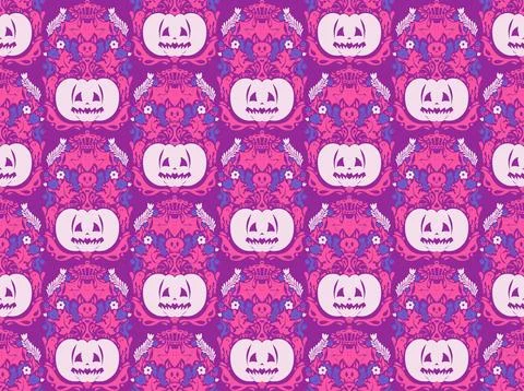 Seamless Halloween pattern with pumpkins, bats, floral ornaments and spooky d Stock Illustration