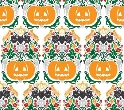 Seamless Halloween pattern with pumpkins, bats, floral ornaments and spooky d 스톡 일러스트