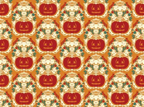 Seamless Halloween pattern with pumpkins, bats, floral ornaments and spooky d 스톡 일러스트