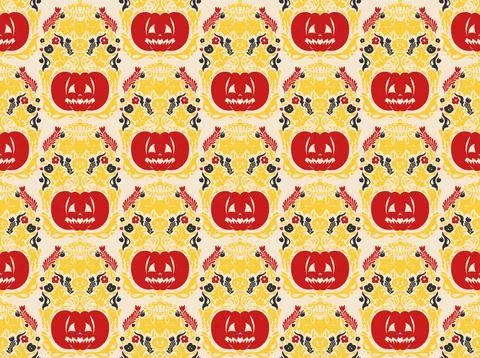 Seamless Halloween pattern with pumpkins, bats, floral ornaments and spooky d Stock Illustration