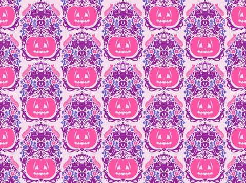 Seamless Halloween pattern with pumpkins, bats, floral ornaments and spooky d Stock Illustration