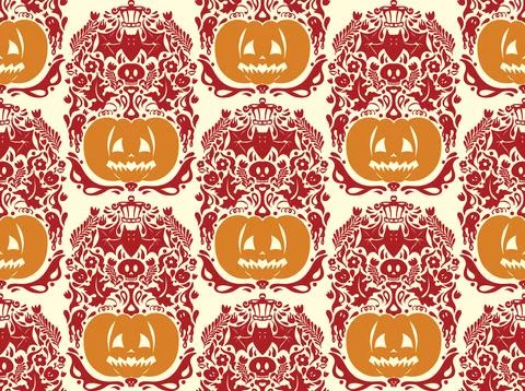 Seamless Halloween pattern with pumpkins, bats, floral ornaments and spooky d 스톡 일러스트