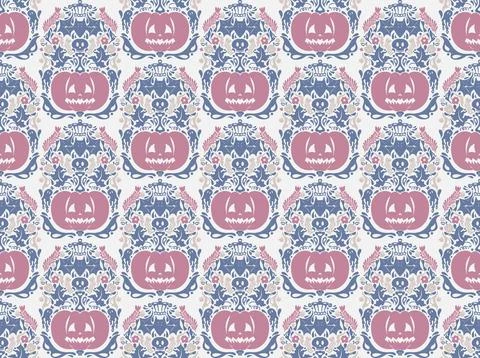 Seamless Halloween pattern with pumpkins, bats, floral ornaments and spooky d 库存插图