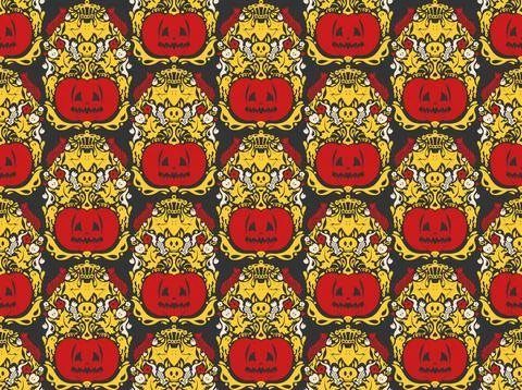 Seamless Halloween pattern with pumpkins, bats, floral ornaments and spooky d Stock Illustration