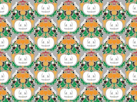 Seamless Halloween pattern with pumpkins, bats, floral ornaments and spooky d 库存插图