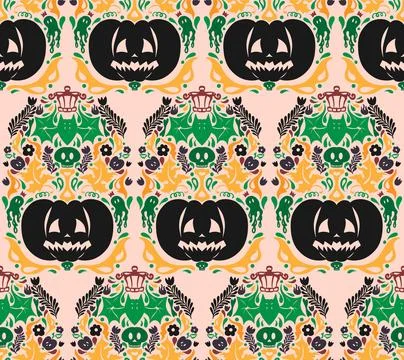 Seamless Halloween pattern with pumpkins, bats, floral ornaments and spooky d 库存插图