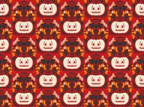 Seamless Halloween pattern with pumpkins, bats, floral ornaments and spooky d Stock Illustration