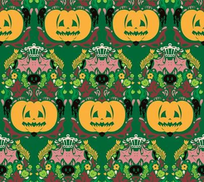 Seamless Halloween pattern with pumpkins, bats, floral ornaments and spooky d Illustrazione stock