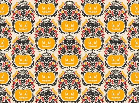 Seamless Halloween pattern with pumpkins, bats, floral ornaments and spooky d イラスト素材