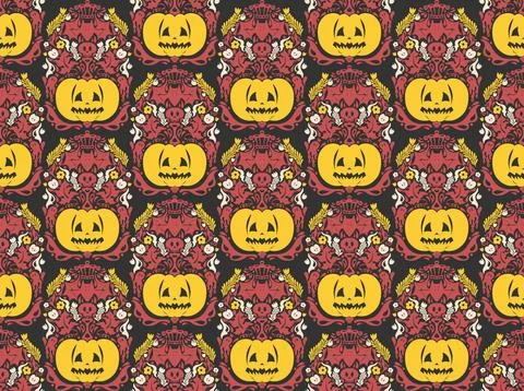 Seamless Halloween pattern with pumpkins, bats, floral ornaments and spooky d イラスト素材