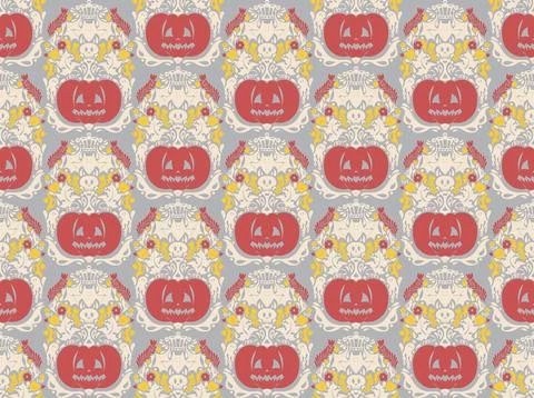 Seamless Halloween pattern with pumpkins, bats, floral ornaments and spooky d Stock-Illustration