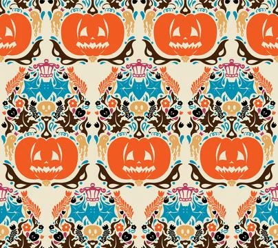 Seamless Halloween pattern with pumpkins, bats, floral ornaments and spooky d Stock Illustration