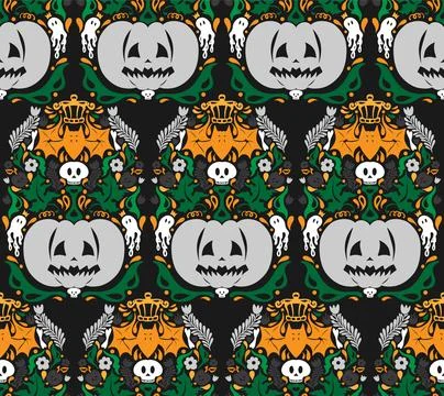 Seamless Halloween pattern with pumpkins, bats, floral ornaments and spooky d Stock Illustration
