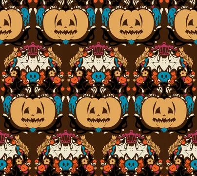 Seamless Halloween pattern with pumpkins, bats, floral ornaments and spooky d Stock Illustration