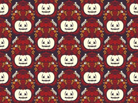 Seamless Halloween pattern with pumpkins, bats, floral ornaments and spooky d 스톡 일러스트