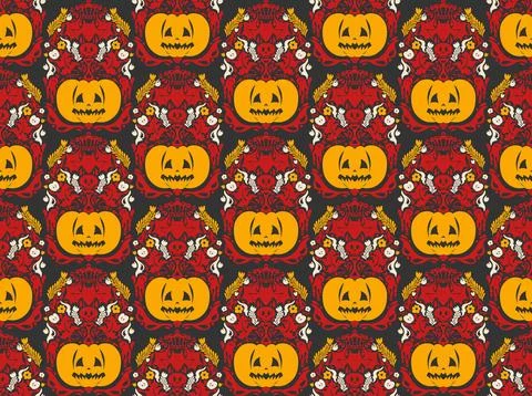 Seamless Halloween pattern with pumpkins, bats, floral ornaments and spooky d Illustrazione stock