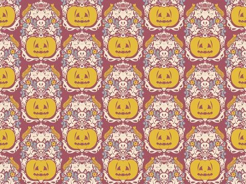 Seamless Halloween pattern with pumpkins, bats, floral ornaments and spooky d Stock-Illustration