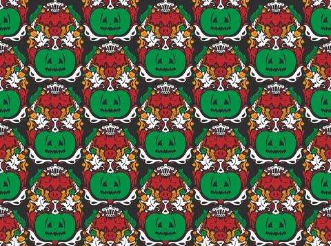 Seamless Halloween pattern with pumpkins, bats, floral ornaments and spooky d Illustrazione stock