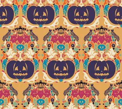 Seamless Halloween pattern with pumpkins, bats, floral ornaments and spooky d Ilustração Stock