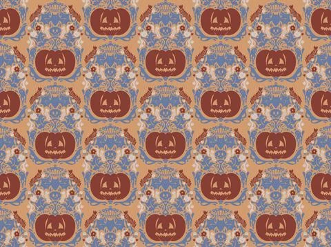 Seamless Halloween pattern with pumpkins, bats, floral ornaments and spooky d Illustration