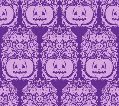 Seamless Halloween pattern with pumpkins, bats, floral ornaments and spooky d Stock Illustration