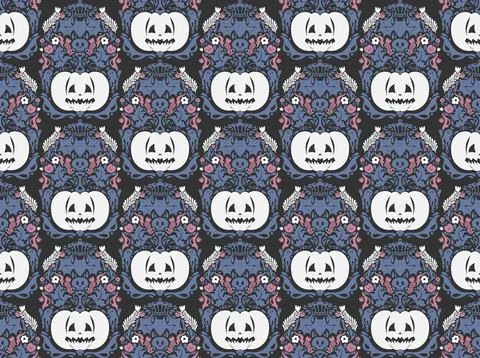 Seamless Halloween pattern with pumpkins, bats, floral ornaments and spooky d Stock Illustration