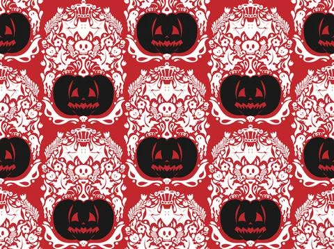 Seamless Halloween pattern with pumpkins, bats, floral ornaments and spooky d Stock Illustration