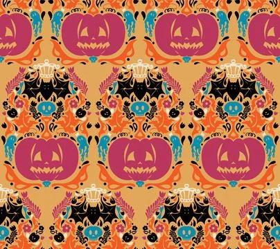 Seamless Halloween pattern with pumpkins, bats, floral ornaments and spooky d Stock Illustration