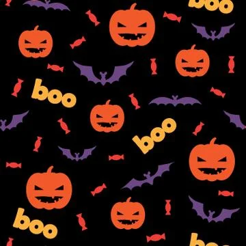 Seamless halloween pattern with pumpkins, candy and bats Stock Illustration