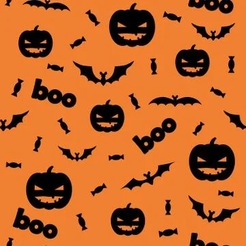Seamless halloween pattern with pumpkins, candy and bats on orange background. Stock Illustration