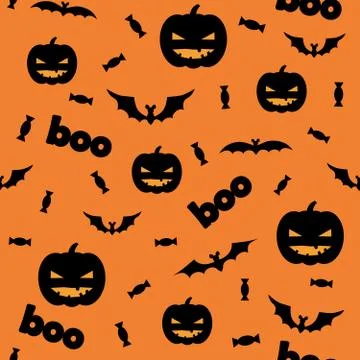 Seamless halloween pattern with pumpkins, candy and bats on orange background. Stock Illustration